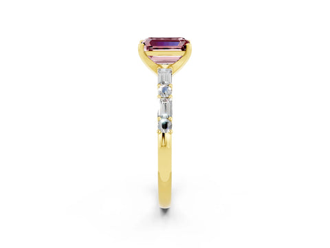 Yellow gold Emerald Cut Morganite Solitaire with Side Baguettes and Channel Set Band_2