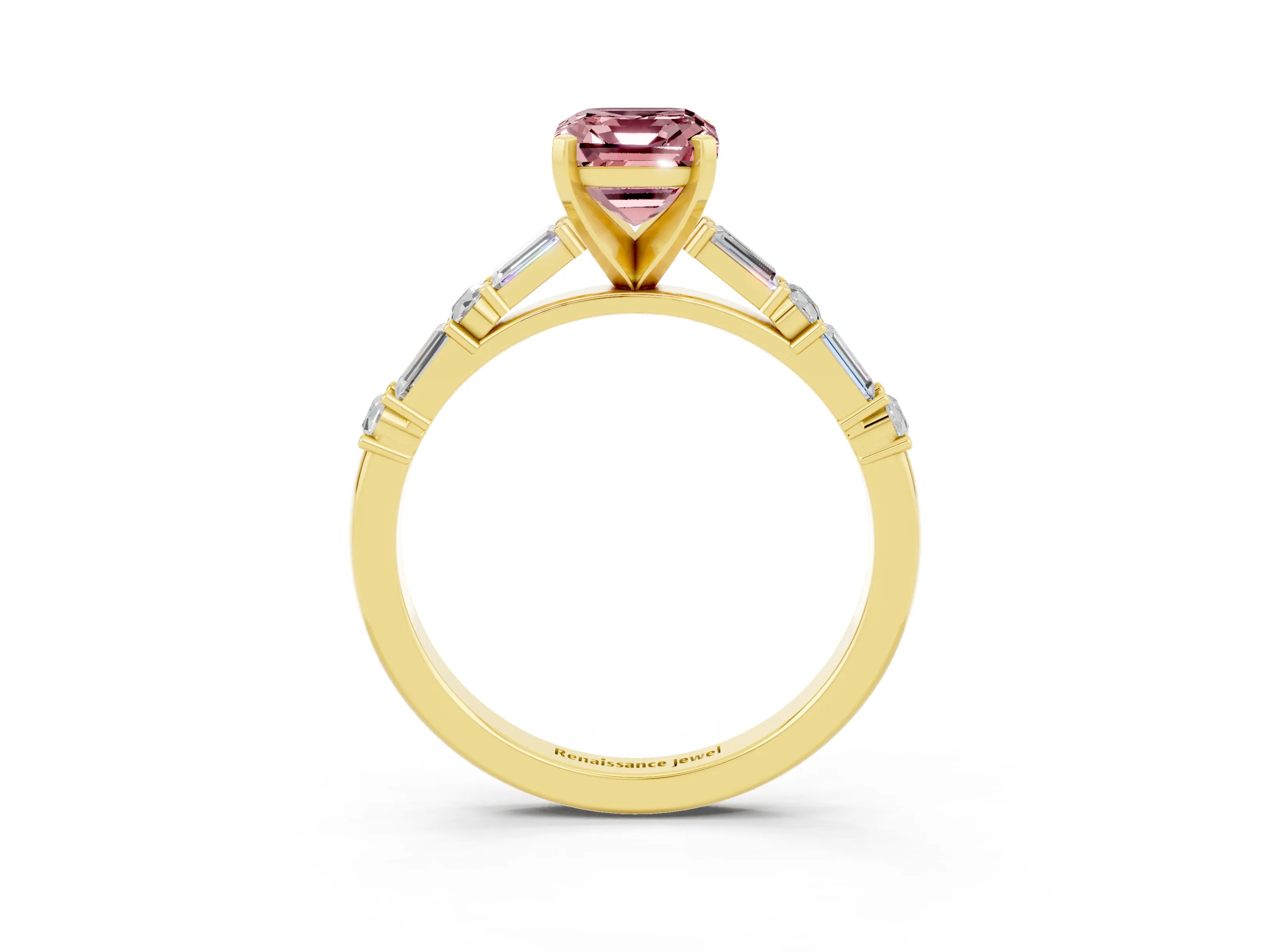 Yellow gold Emerald Cut Morganite Solitaire with Side Baguettes and Channel Set Band_3