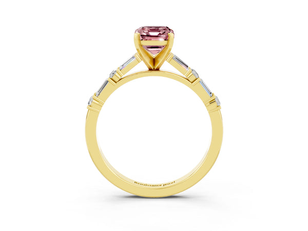 Yellow gold Emerald Cut Morganite Solitaire with Side Baguettes and Channel Set Band