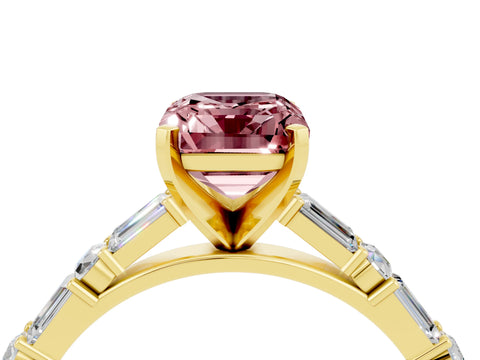 Yellow gold Emerald Cut Morganite Solitaire with Side Baguettes and Channel Set Band_4