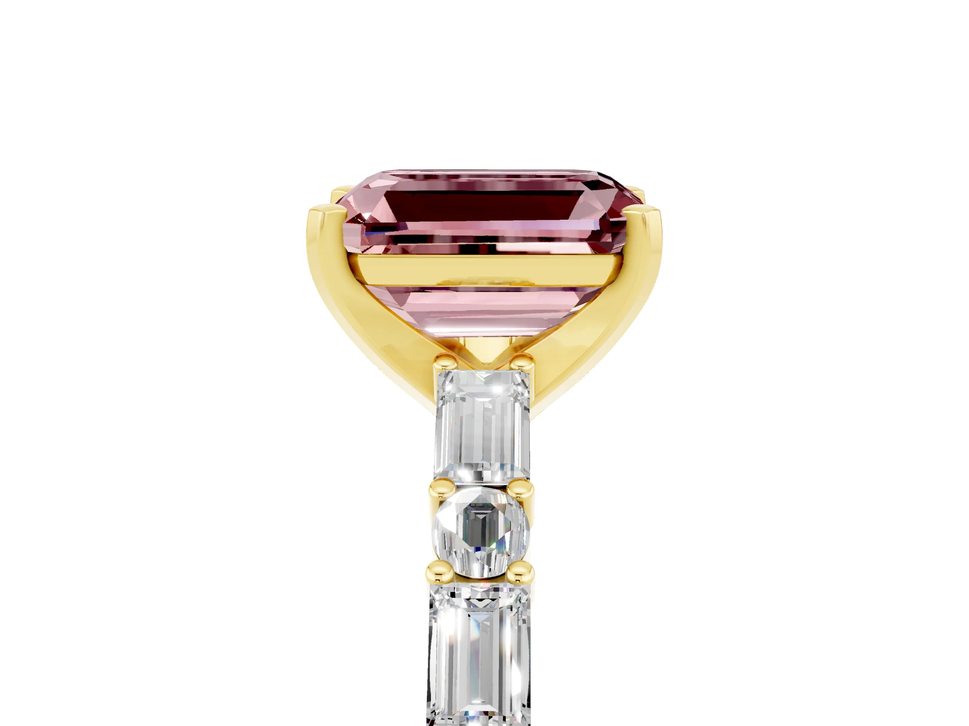 Yellow gold Emerald Cut Morganite Solitaire with Side Baguettes and Channel Set Band_5