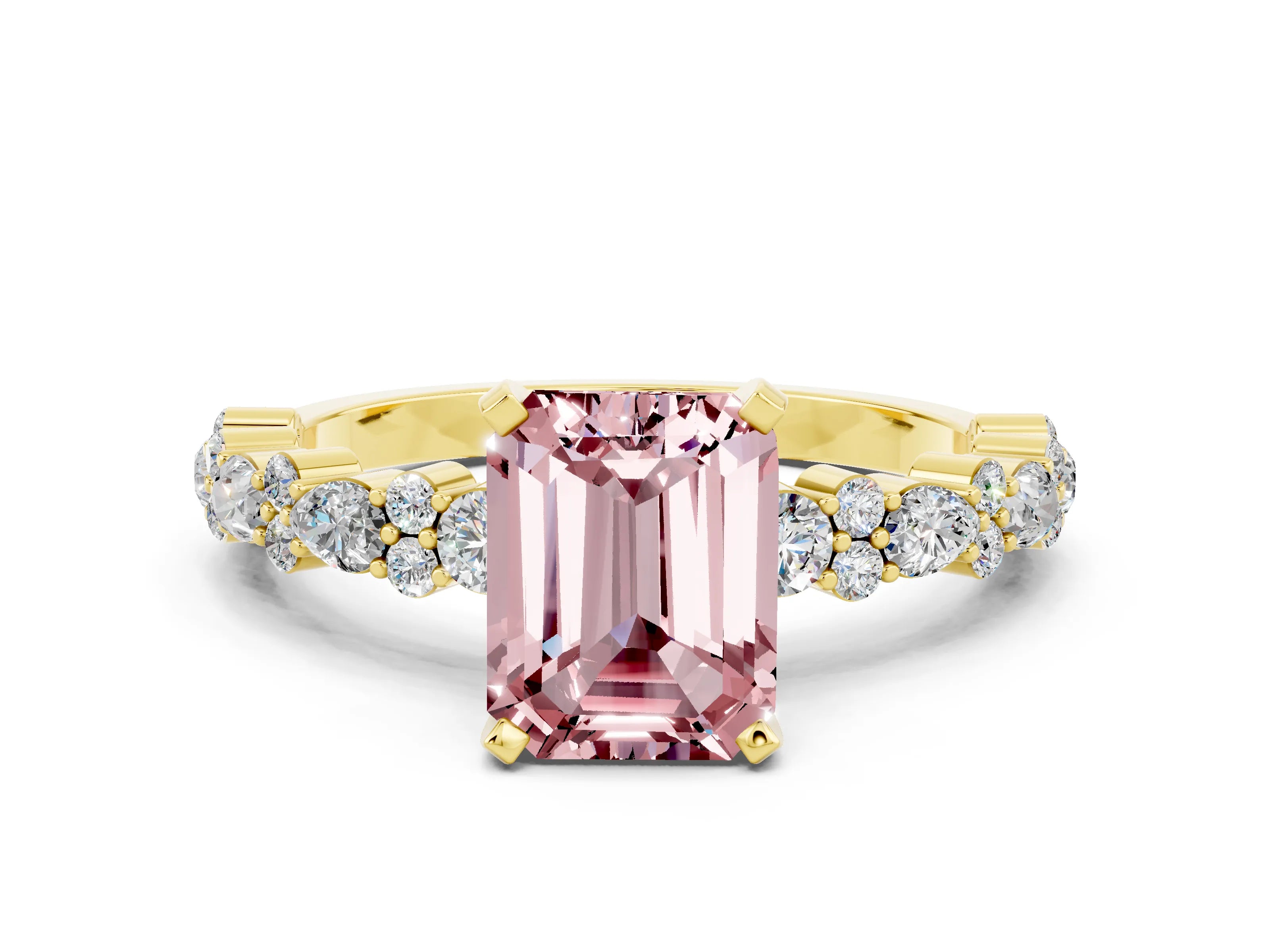 Yellow gold Emerald Cut Morganite Solitaire with Side Stones, Pave Band, Four-Prong Setting_48