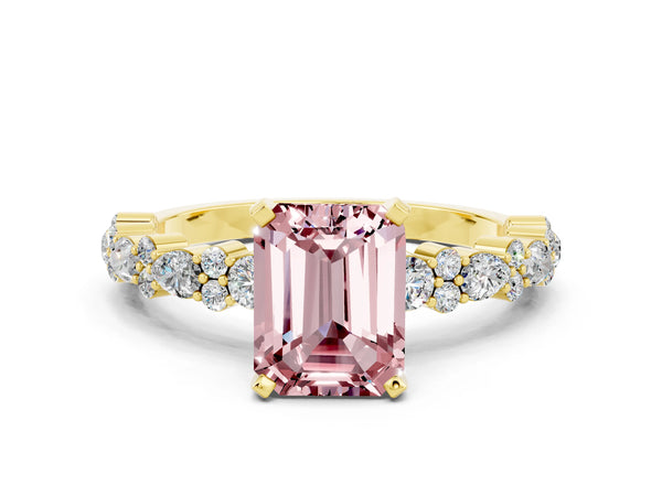 Yellow gold Emerald Cut Morganite Side Stone Solitaire Ring with Round  and Four-Prong Setting
