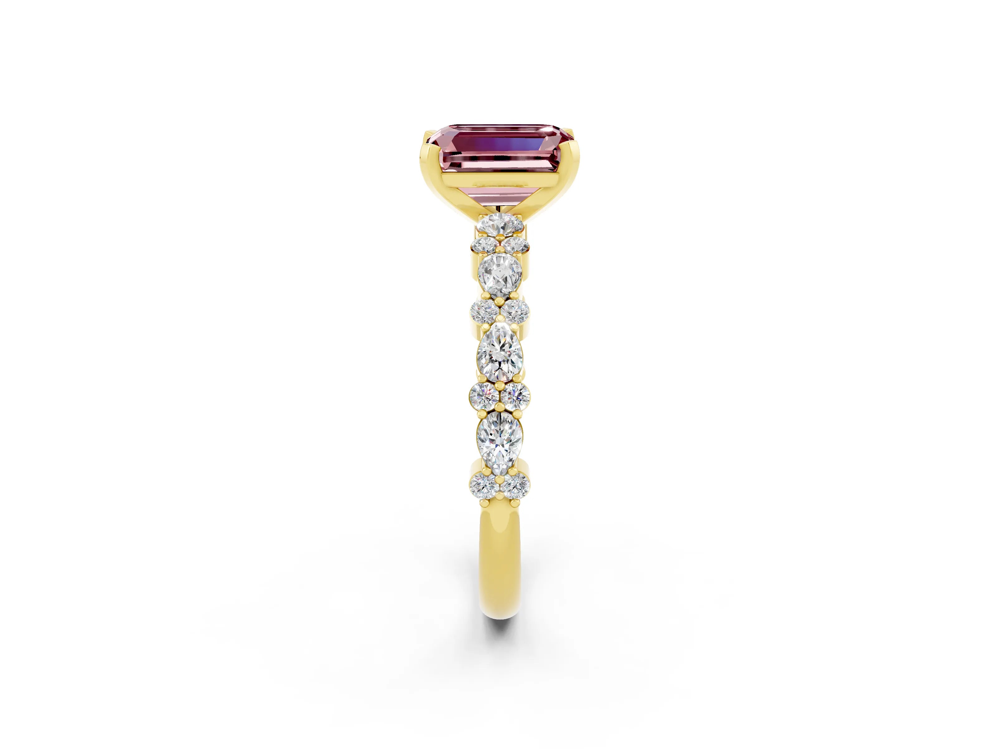 Yellow gold Emerald Cut Morganite Solitaire with Side Stones, Pave Band, Four-Prong Setting_50