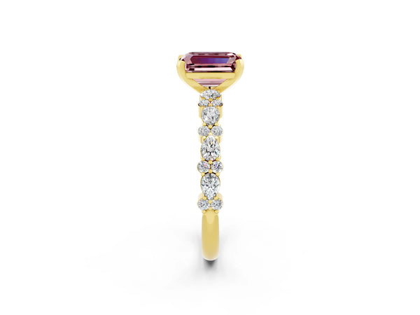 Yellow gold Emerald Cut Morganite Side Stone Solitaire Ring with Round  and Four-Prong Setting