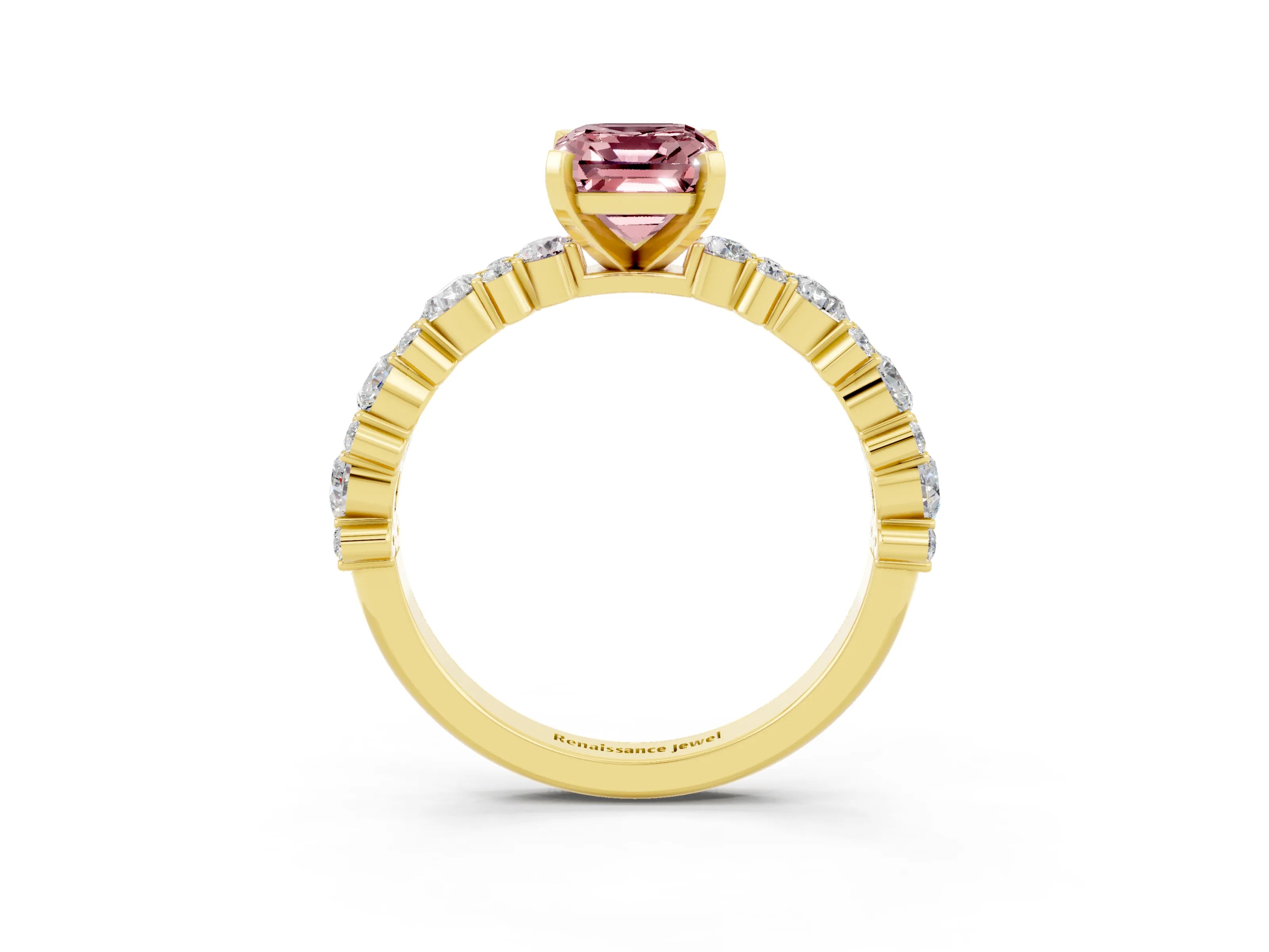 Yellow gold Emerald Cut Morganite Solitaire with Side Stones, Pave Band, Four-Prong Setting_51