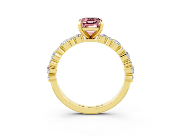 Yellow gold Emerald Cut Morganite Side Stone Solitaire Ring with Round  and Four-Prong Setting