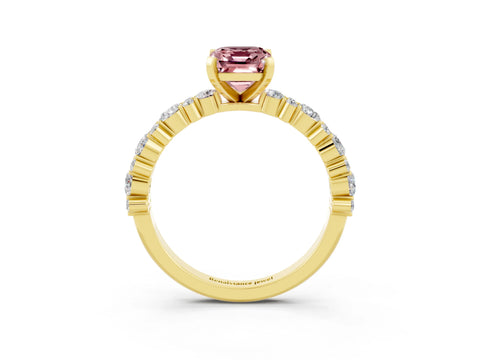 Yellow gold Emerald Cut Morganite Solitaire with Side Stones, Pave Band, Four-Prong Setting_51