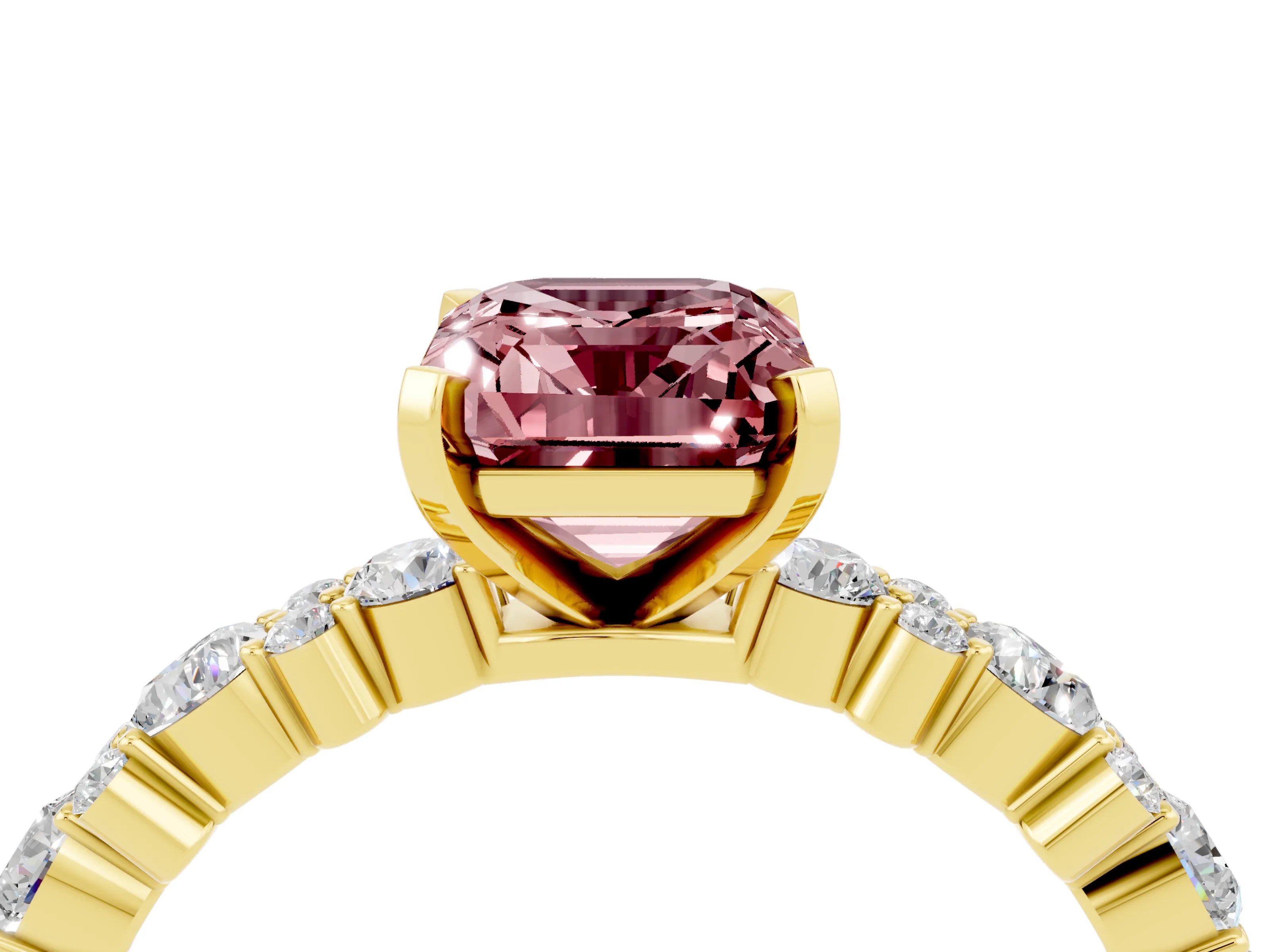 Yellow gold Emerald Cut Morganite Solitaire with Side Stones, Pave Band, Four-Prong Setting_52