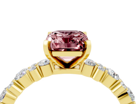 Yellow gold Emerald Cut Morganite Solitaire with Side Stones, Pave Band, Four-Prong Setting_52