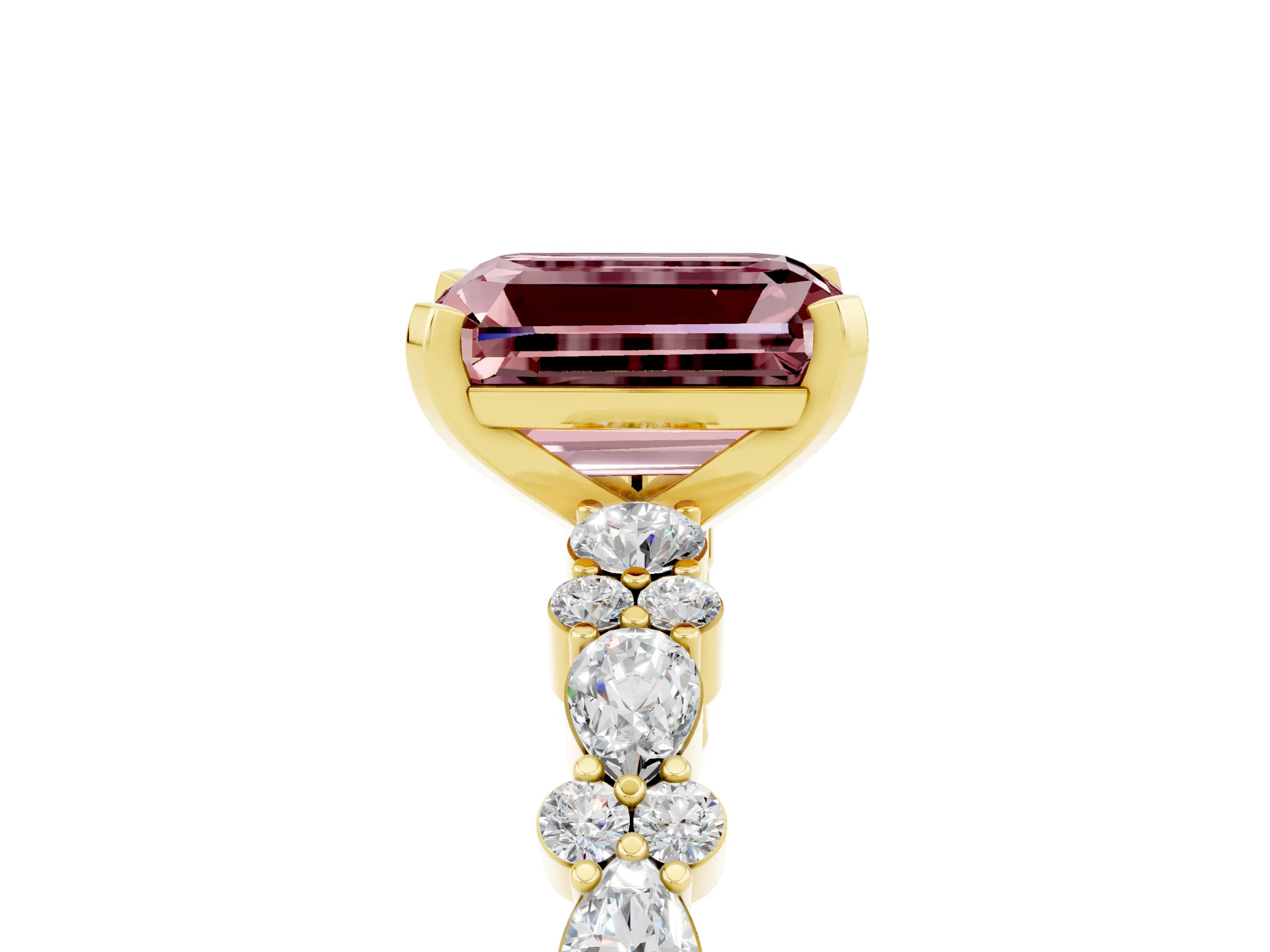 Yellow gold Emerald Cut Morganite Solitaire with Side Stones, Pave Band, Four-Prong Setting_53
