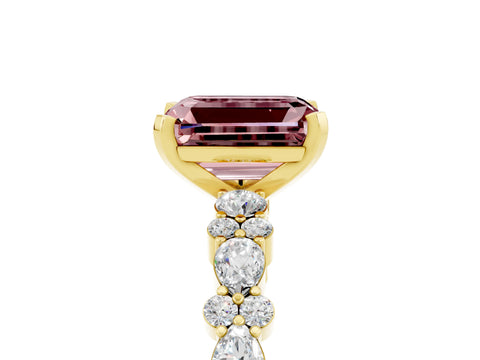 Yellow gold Emerald Cut Morganite Solitaire with Side Stones, Pave Band, Four-Prong Setting_53