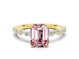 Yellow gold Emerald Cut Morganite Solitaire with Side Stones on a Pavé Band and Four-Prong Setting