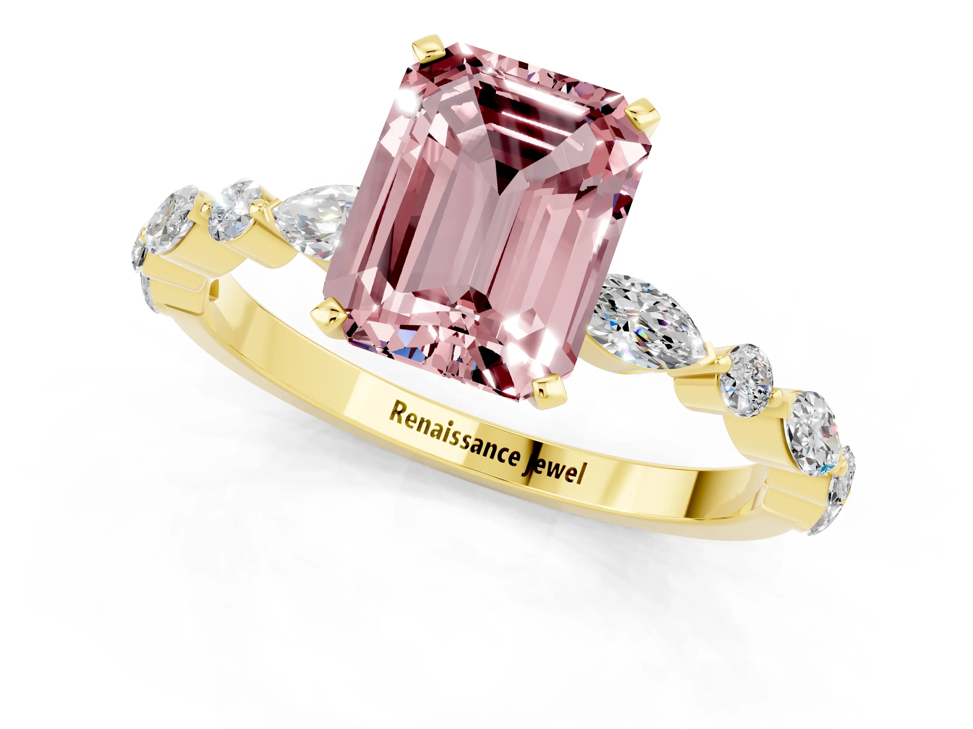 Yellow gold Emerald Cut Morganite Solitaire with Side Stones on a Pavé Band and Four-Prong Setting_1