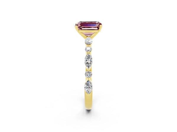 Yellow gold Emerald Cut Morganite Ring with Marquise and Round  Side Stones and Four-Prong Setting