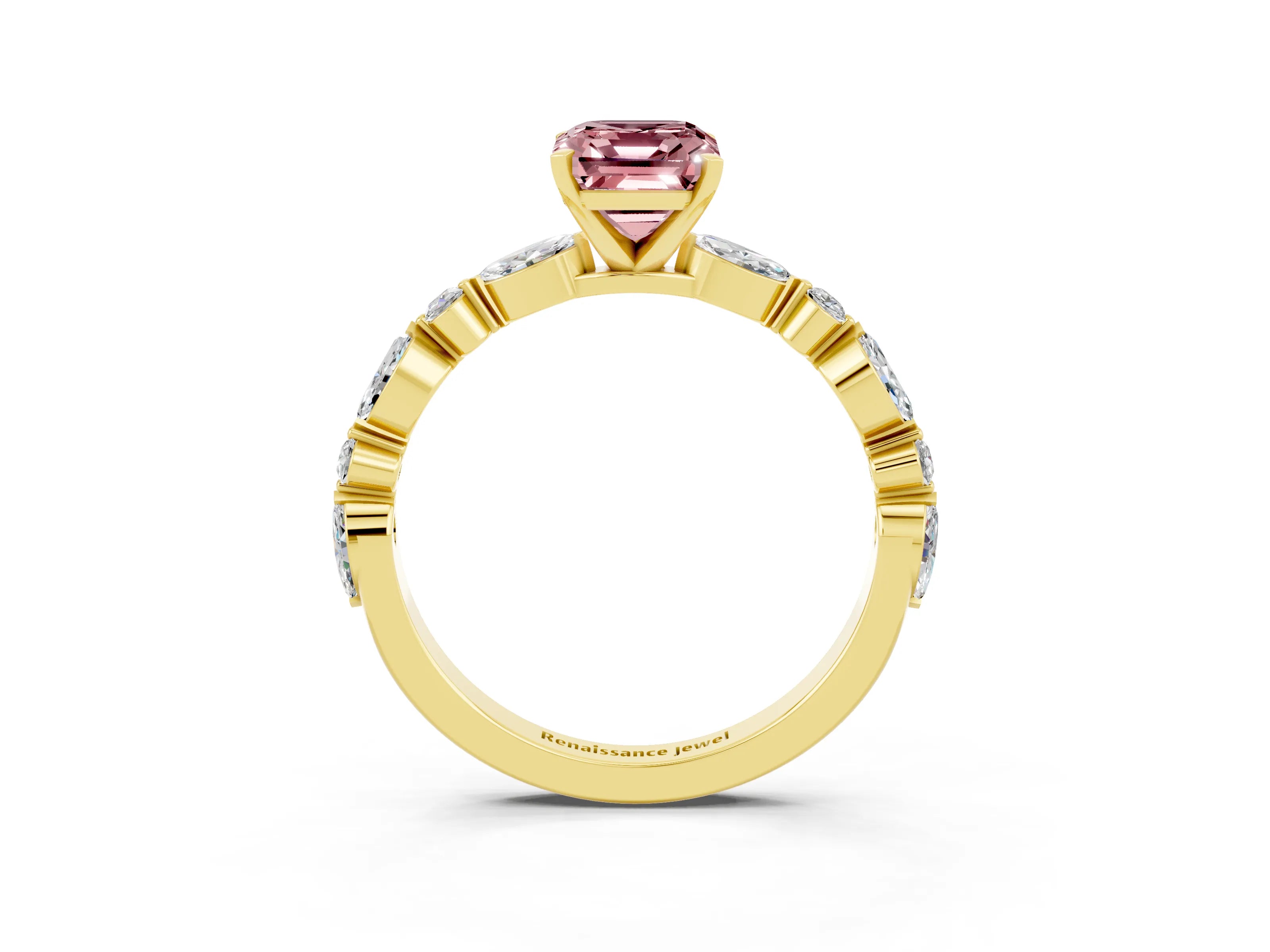 Yellow gold Emerald Cut Morganite Solitaire with Side Stones on a Pavé Band and Four-Prong Setting_3