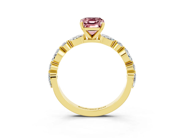 Yellow gold Emerald Cut Morganite Ring with Marquise and Round  Side Stones and Four-Prong Setting