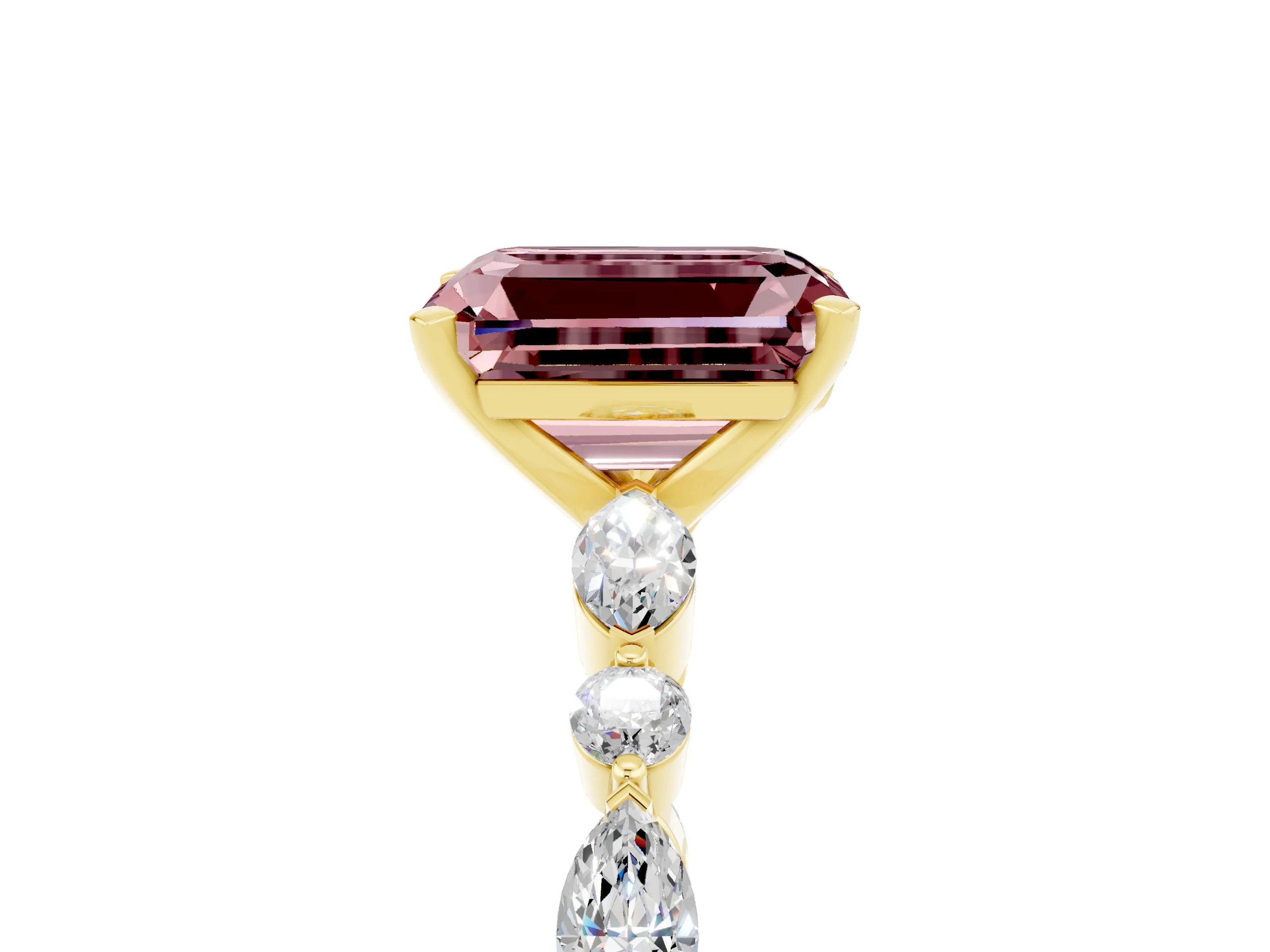 Yellow gold Emerald Cut Morganite Solitaire with Side Stones on a Pavé Band and Four-Prong Setting_5