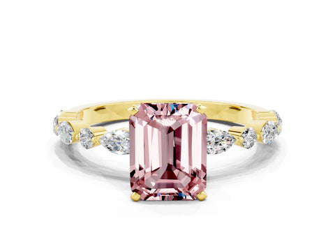 Yellow gold Emerald Cut Morganite Solitaire with Side Stones on a Pavé Band and Four-Prong Setting