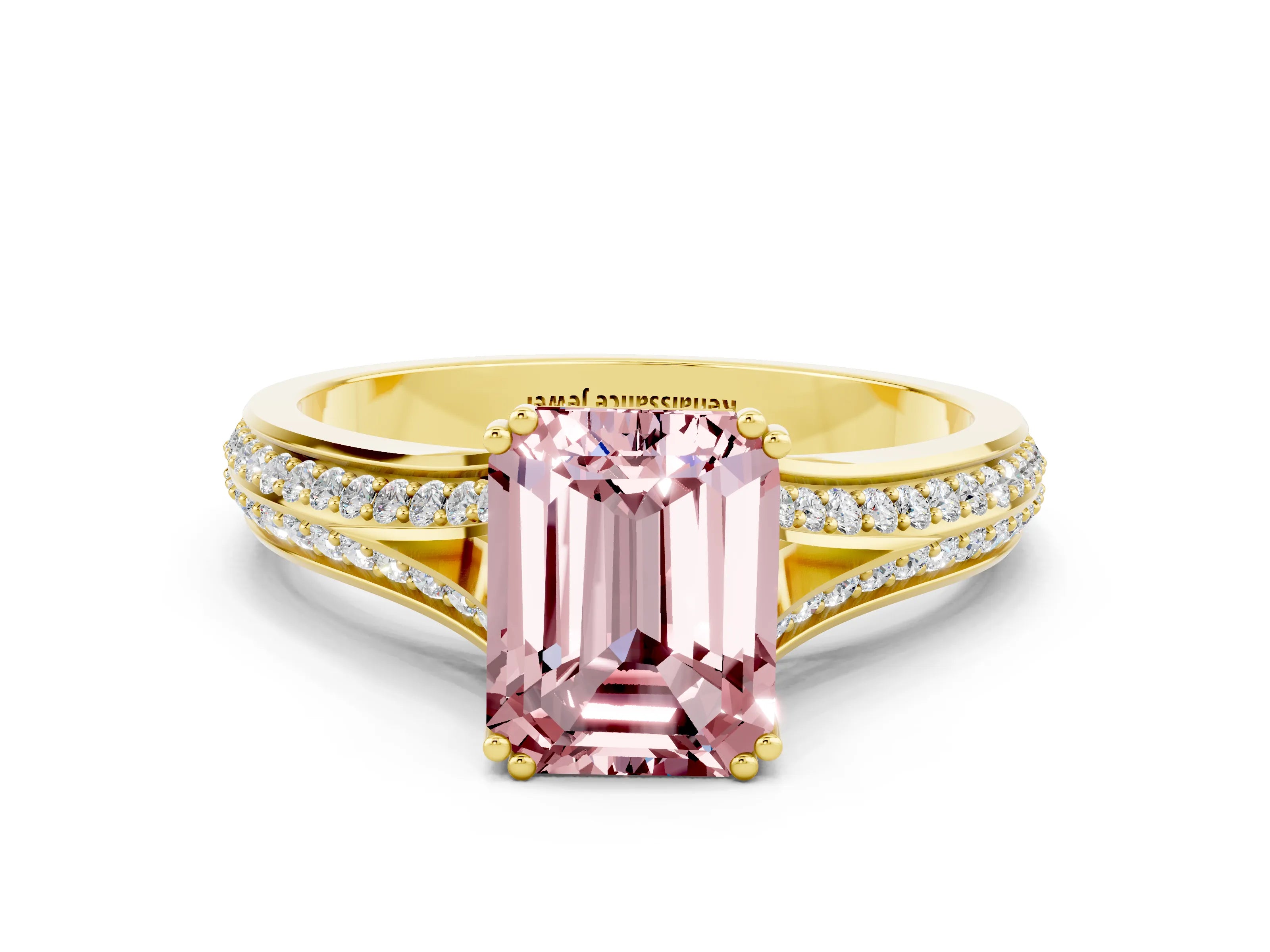 Yellow gold Emerald Cut Morganite Split Shank Engagement Ring with Pavé Band