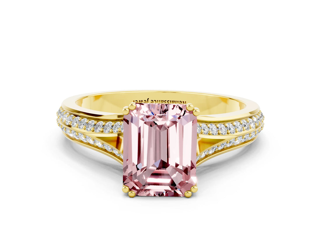 Yellow gold Emerald Cut Morganite Split Shank Engagement Ring with Pavé Band