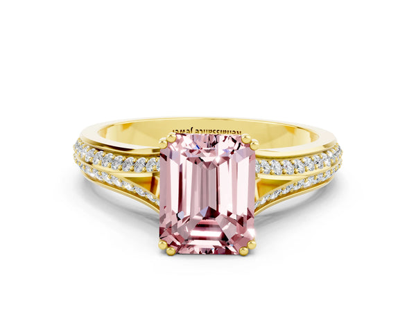 Yellow gold Emerald Cut Morganite Split Shank Engagement Ring with Pavé Band