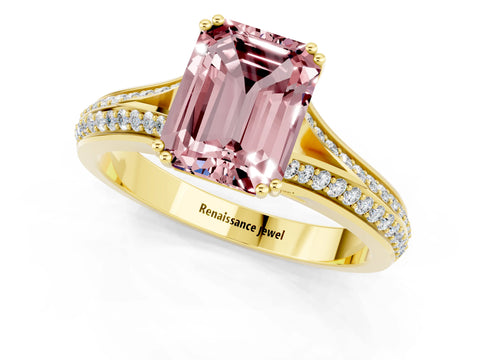 Yellow gold Emerald Cut Morganite Split Shank Engagement Ring with Pavé Band_1