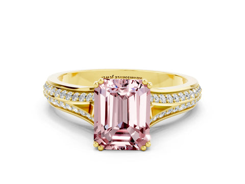 Yellow gold Emerald Cut Morganite Split Shank Engagement Ring with Pavé Band