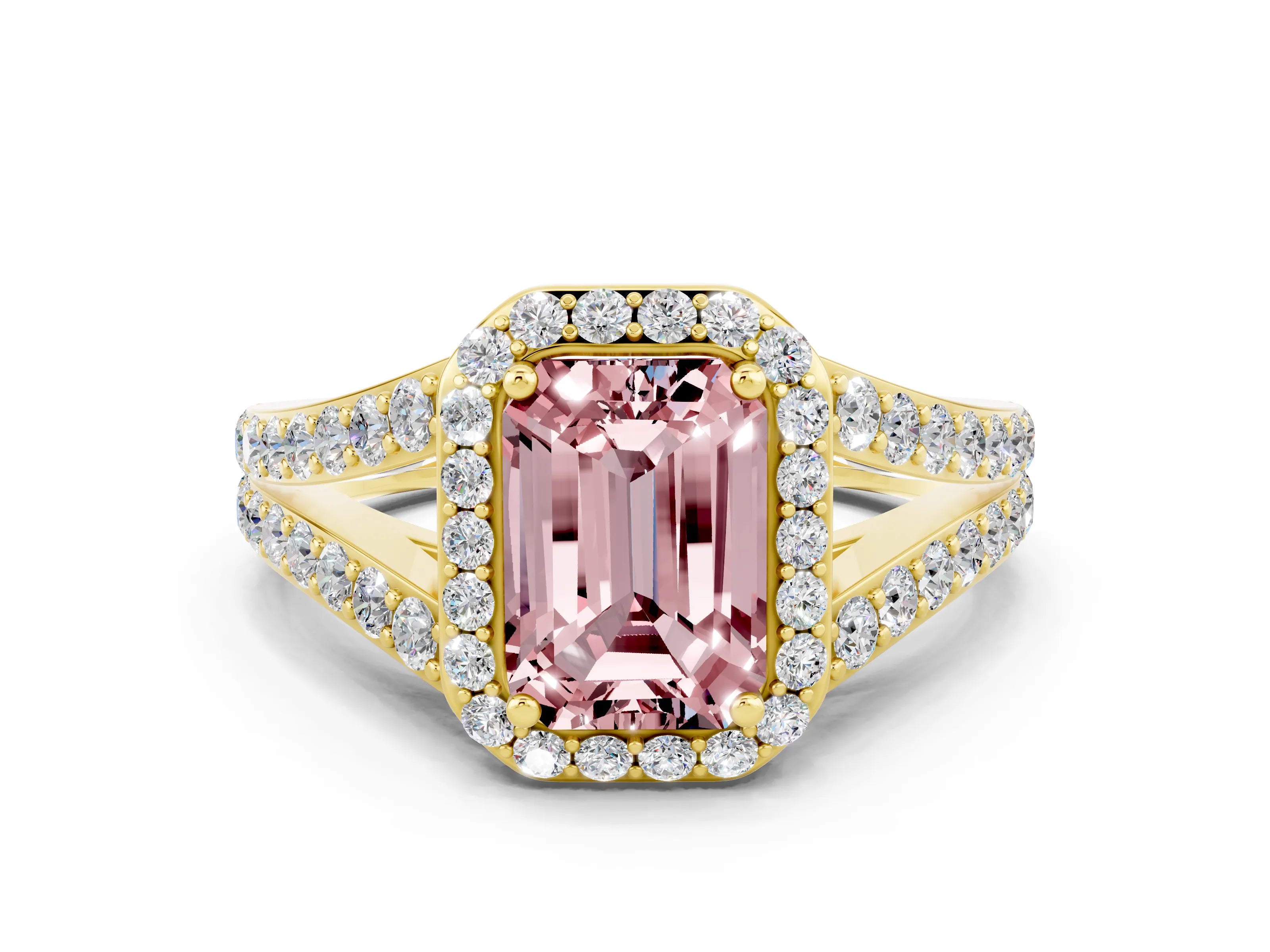 Yellow gold Emerald Cut Morganite Split Shank Halo Ring with Four-Prong Setting_12