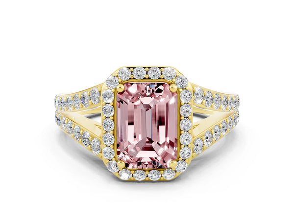 Yellow gold Emerald Cut Morganite Split Shank Halo Ring with Four-Prong Setting