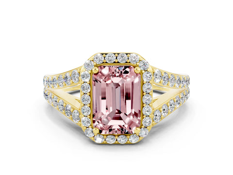 Yellow gold Emerald Cut Morganite Split Shank Halo Ring with Four-Prong Setting_12