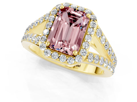 Yellow gold Emerald Cut Morganite Split Shank Halo Ring with Four-Prong Setting_13