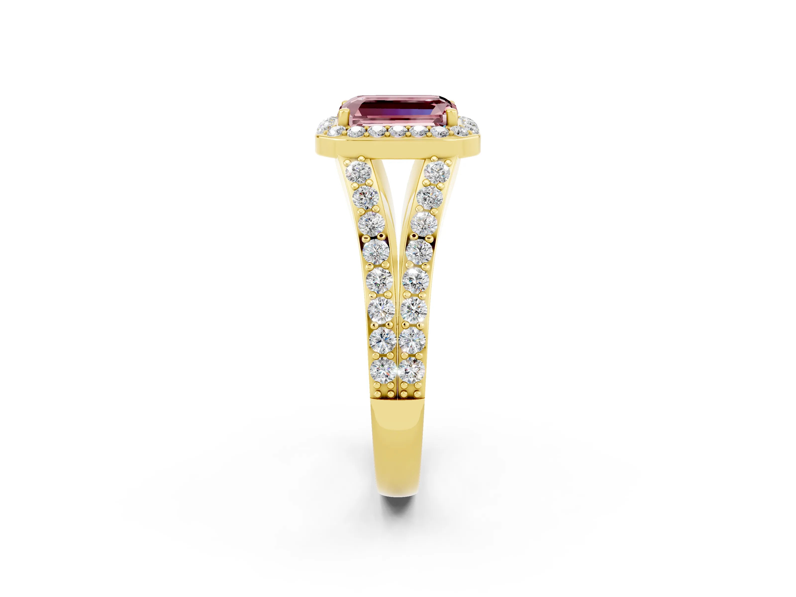 Yellow gold Emerald Cut Morganite Split Shank Halo Ring with Four-Prong Setting_14