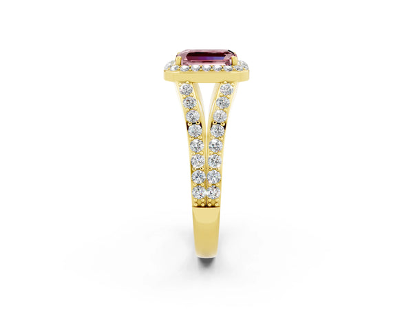 Yellow gold Emerald Cut Morganite Split Shank Halo Ring with Four-Prong Setting