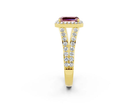 Yellow gold Emerald Cut Morganite Split Shank Halo Ring with Four-Prong Setting_14