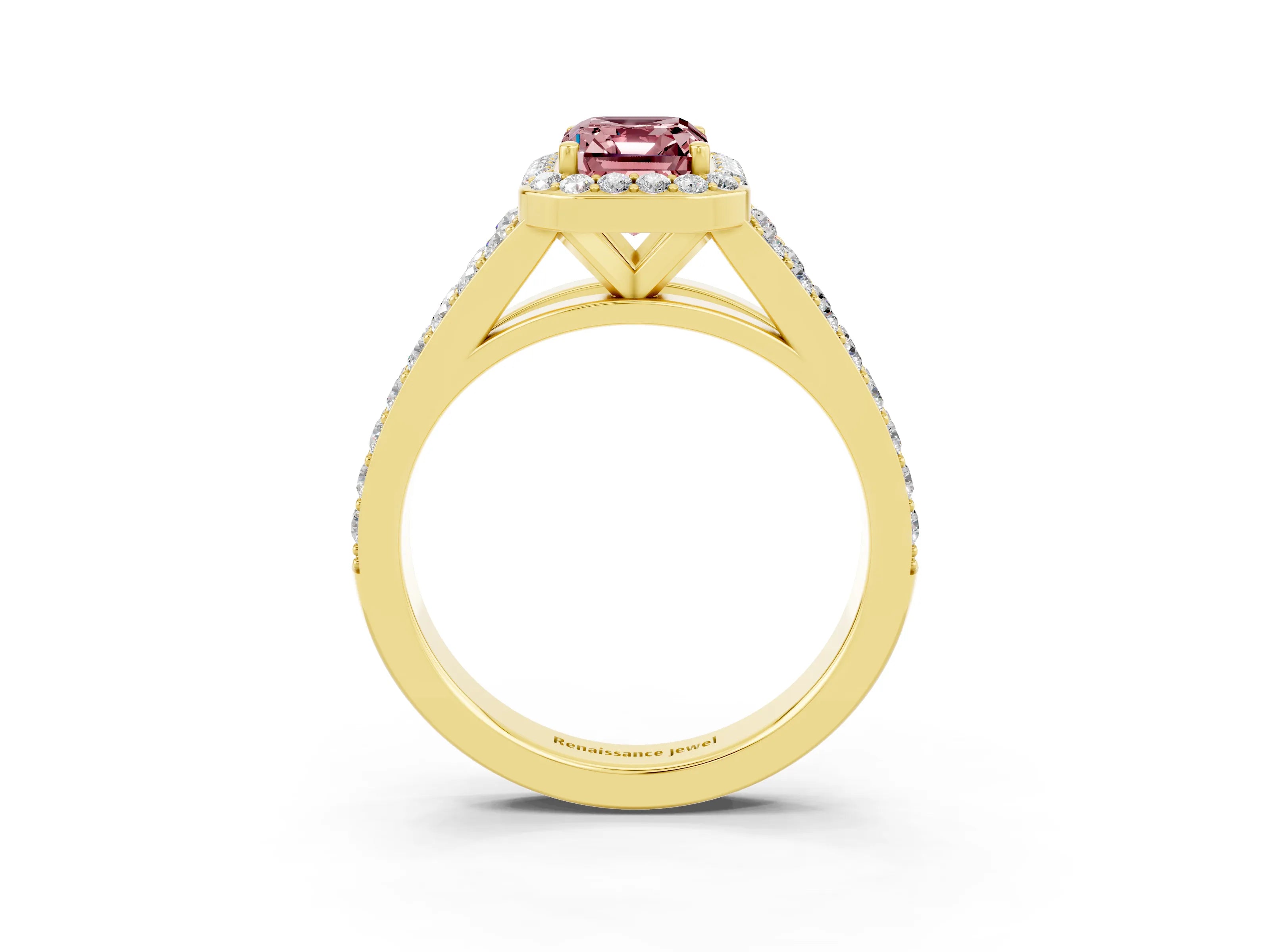Yellow gold Emerald Cut Morganite Split Shank Halo Ring with Four-Prong Setting_15