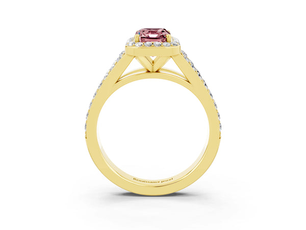 Yellow gold Emerald Cut Morganite Split Shank Halo Ring with Four-Prong Setting