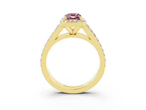 Yellow gold Emerald Cut Morganite Split Shank Halo Ring with Four-Prong Setting_15