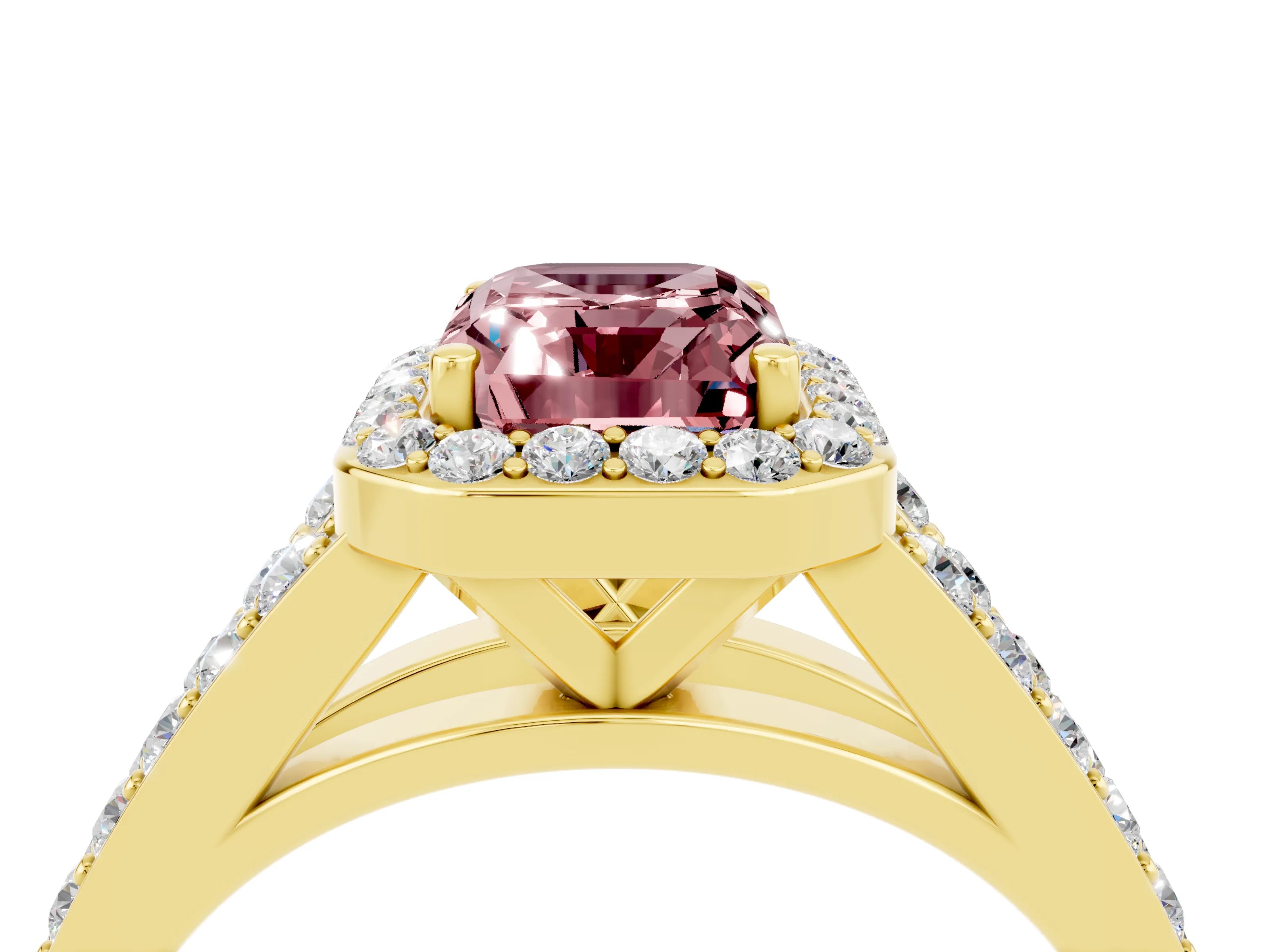 Yellow gold Emerald Cut Morganite Split Shank Halo Ring with Four-Prong Setting_16