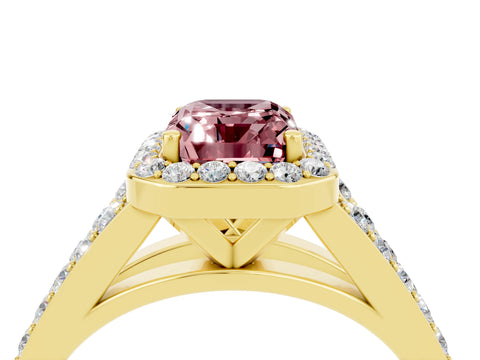 Yellow gold Emerald Cut Morganite Split Shank Halo Ring with Four-Prong Setting_16