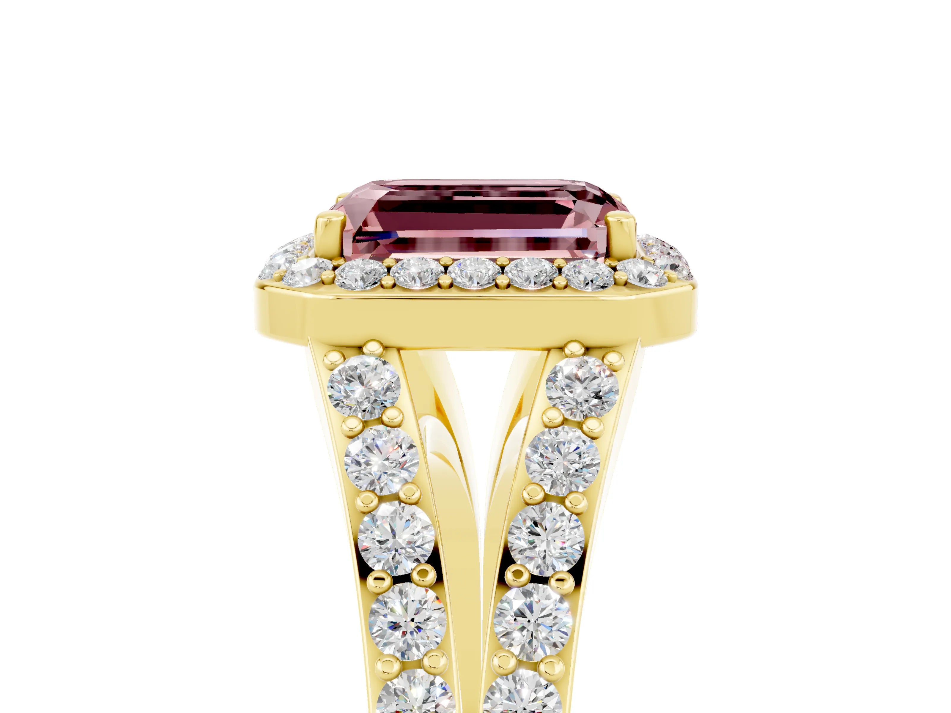Yellow gold Emerald Cut Morganite Split Shank Halo Ring with Four-Prong Setting_17