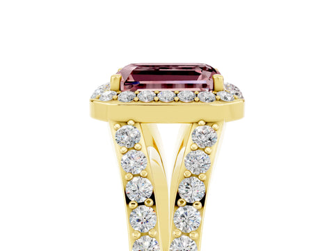 Yellow gold Emerald Cut Morganite Split Shank Halo Ring with Four-Prong Setting_17