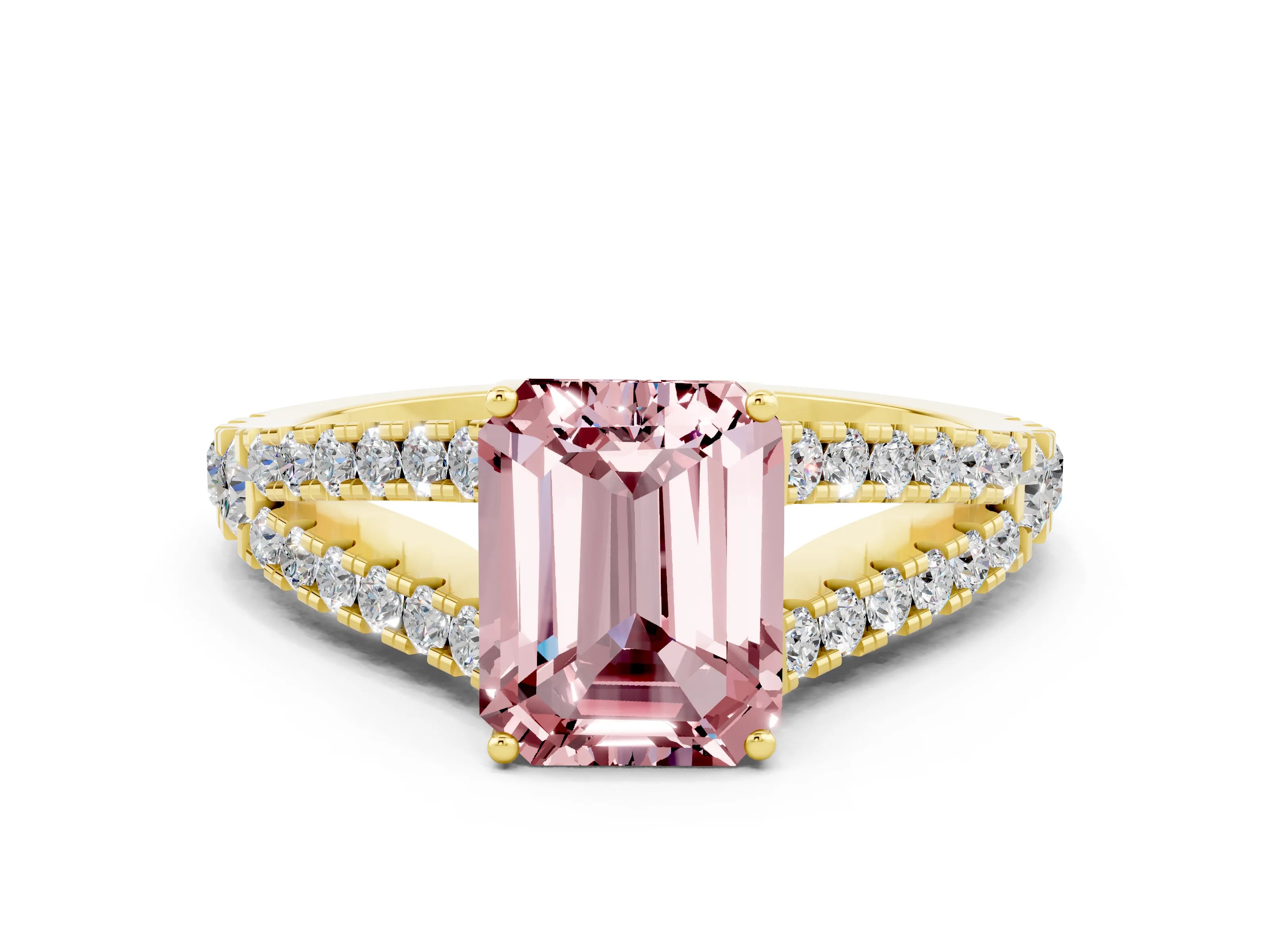 Yellow gold Emerald Cut Morganite Split Shank Pavé Engagement Ring with Four-Prong Setting_12
