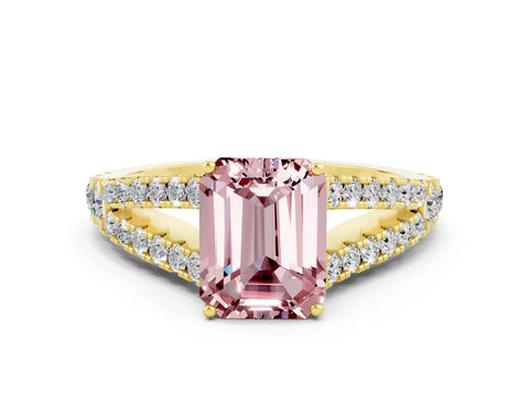 Yellow gold Emerald Cut Morganite Split Shank Pavé Engagement Ring with Four-Prong Setting_12
