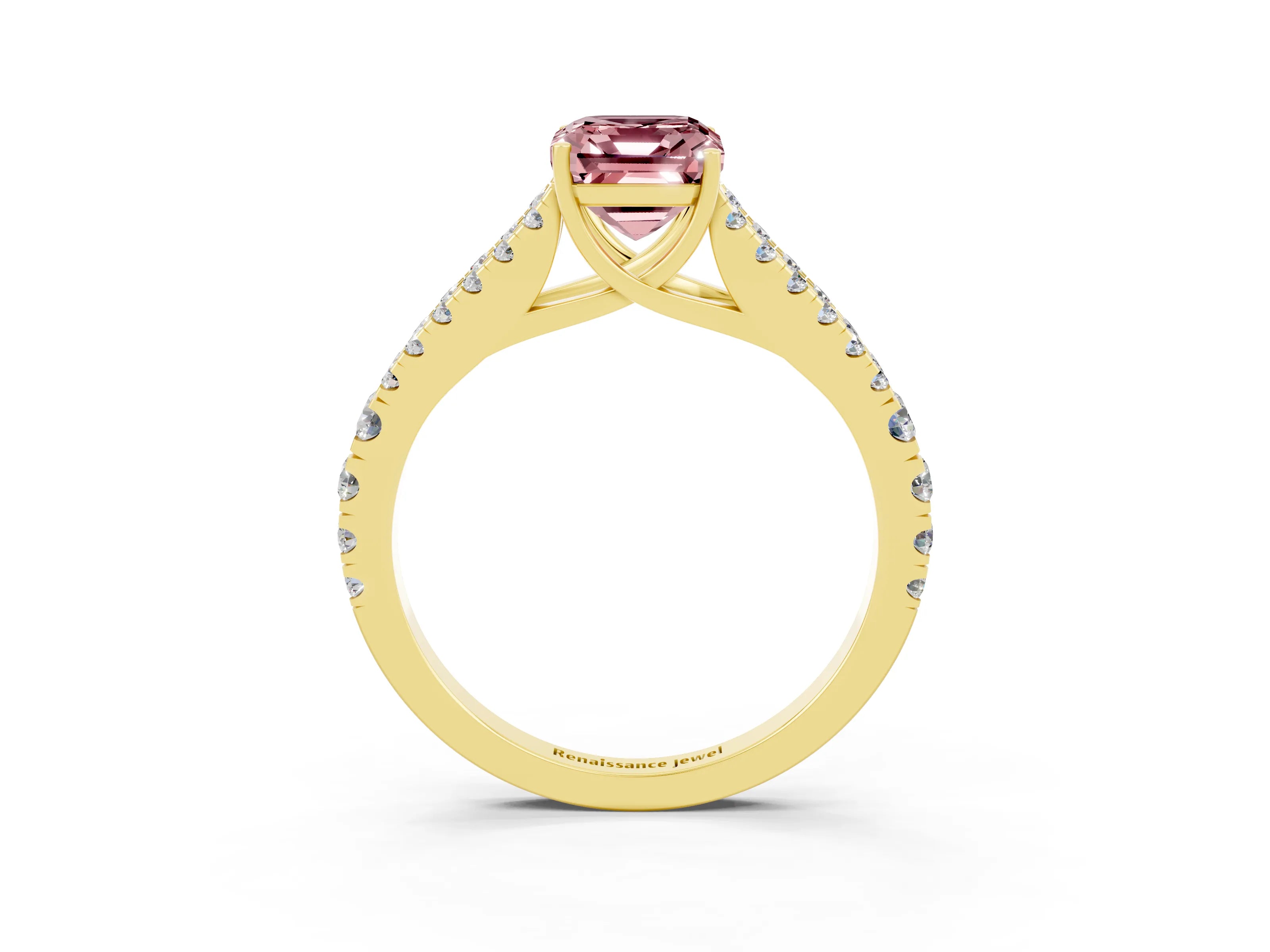 Yellow gold Emerald Cut Morganite Split Shank Pavé Engagement Ring with Four-Prong Setting_15