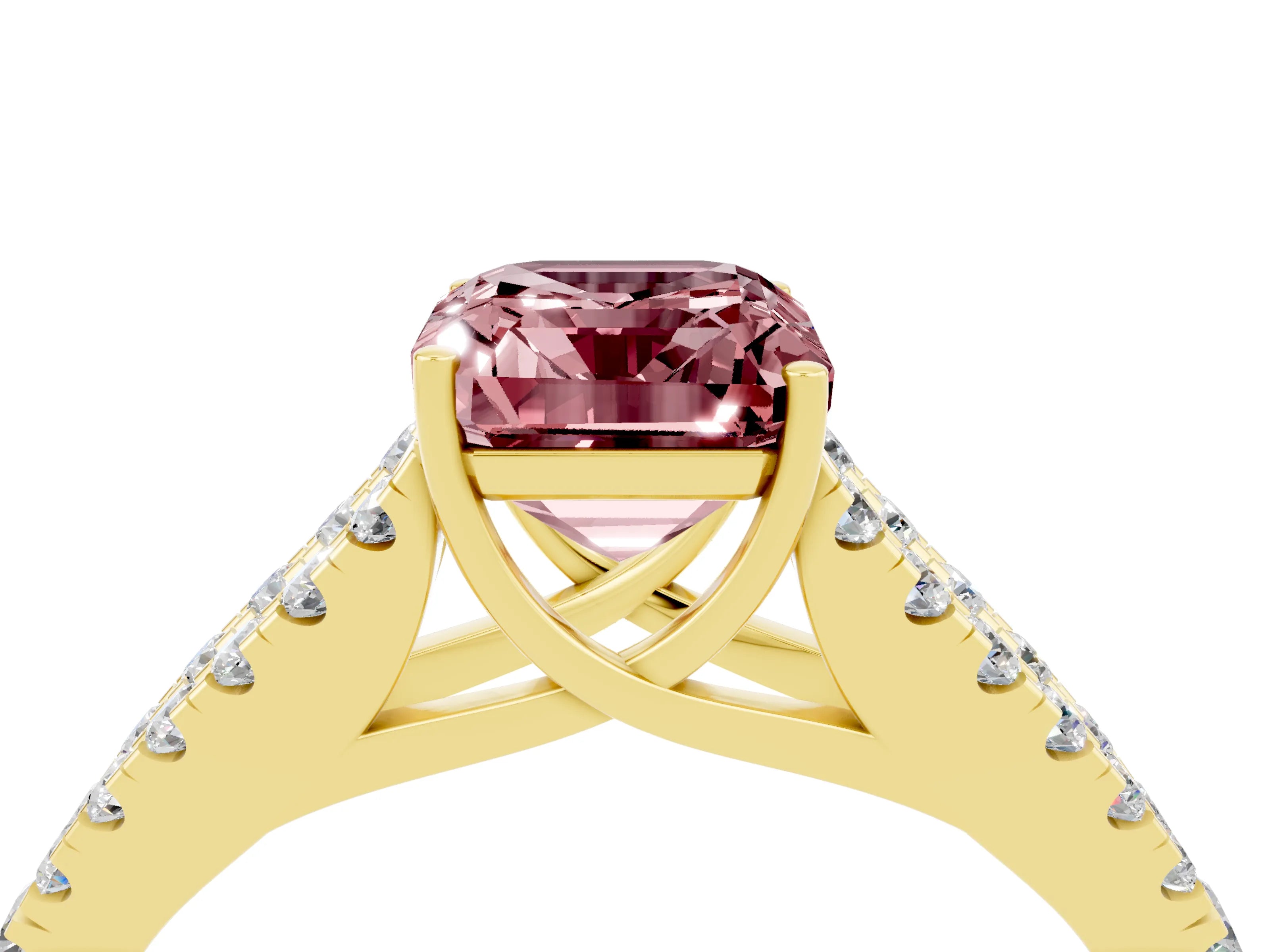 Yellow gold Emerald Cut Morganite Split Shank Pavé Engagement Ring with Four-Prong Setting_16