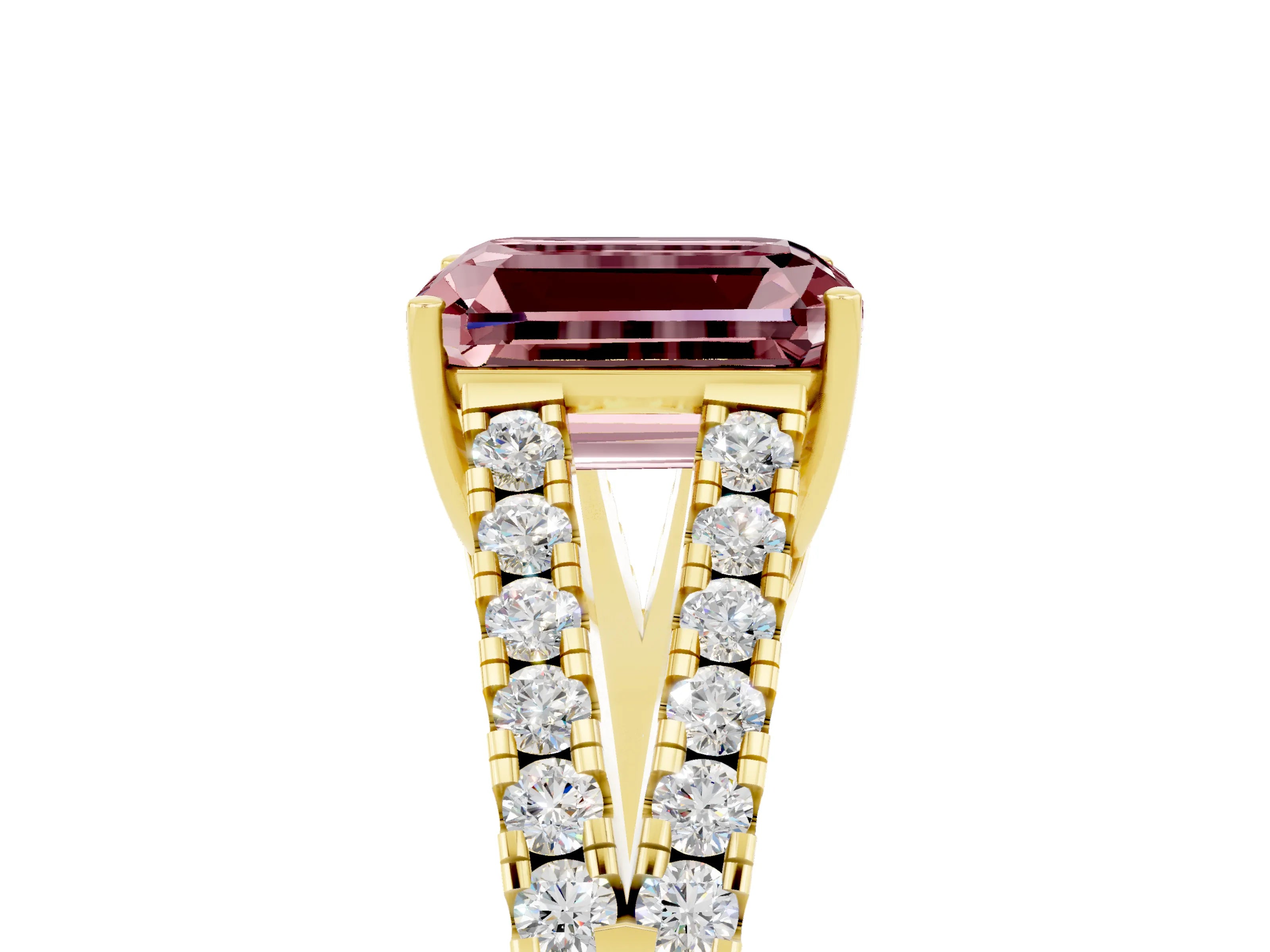 Yellow gold Emerald Cut Morganite Split Shank Pavé Engagement Ring with Four-Prong Setting_17