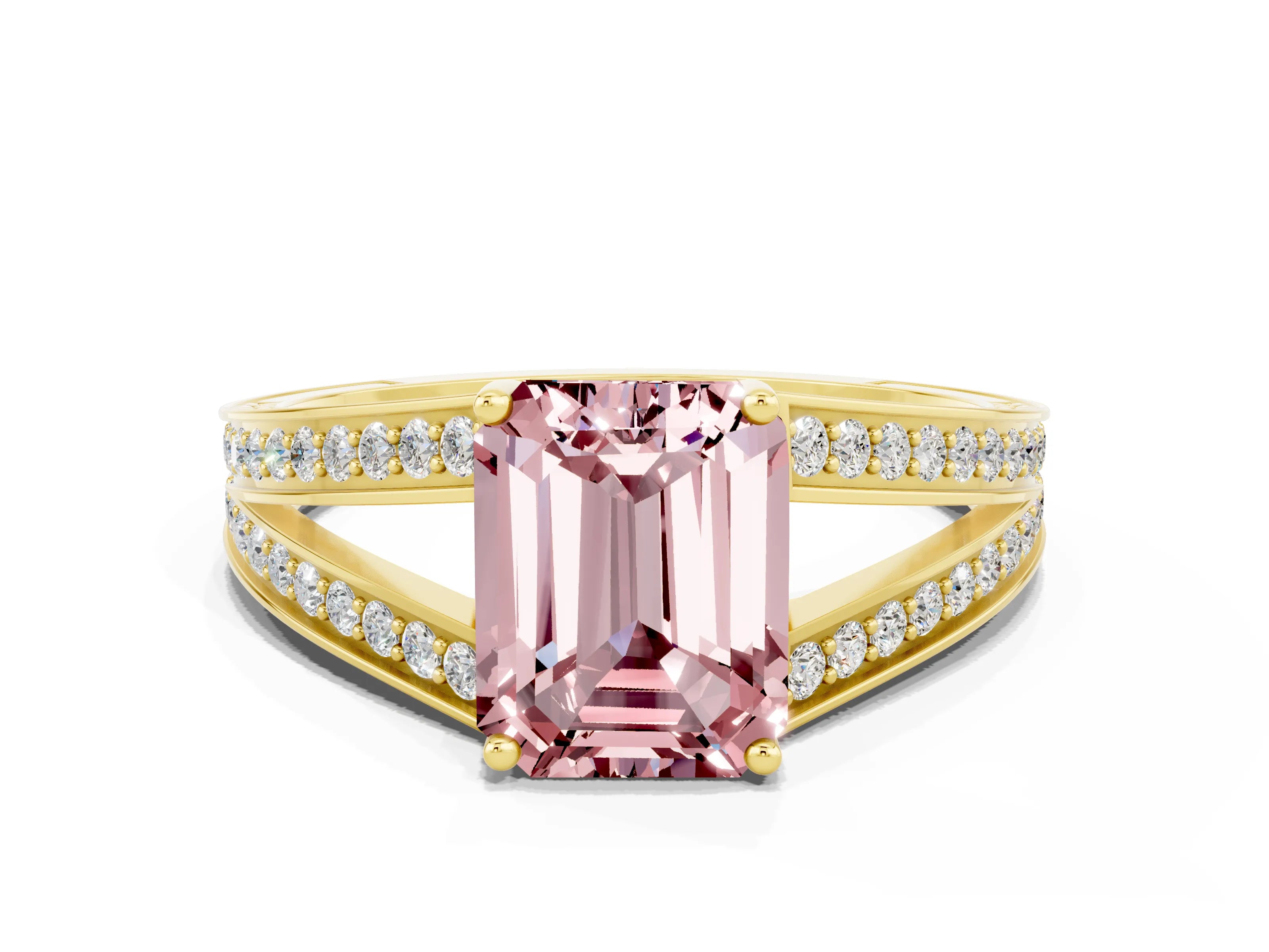 Yellow gold Emerald Cut Morganite Split Shank Ring with Pavé Band and Four-Prong Setting