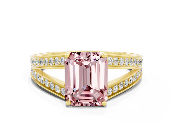 Yellow gold Emerald Cut Morganite Split Shank Ring with Pavé Band and Four-Prong Setting