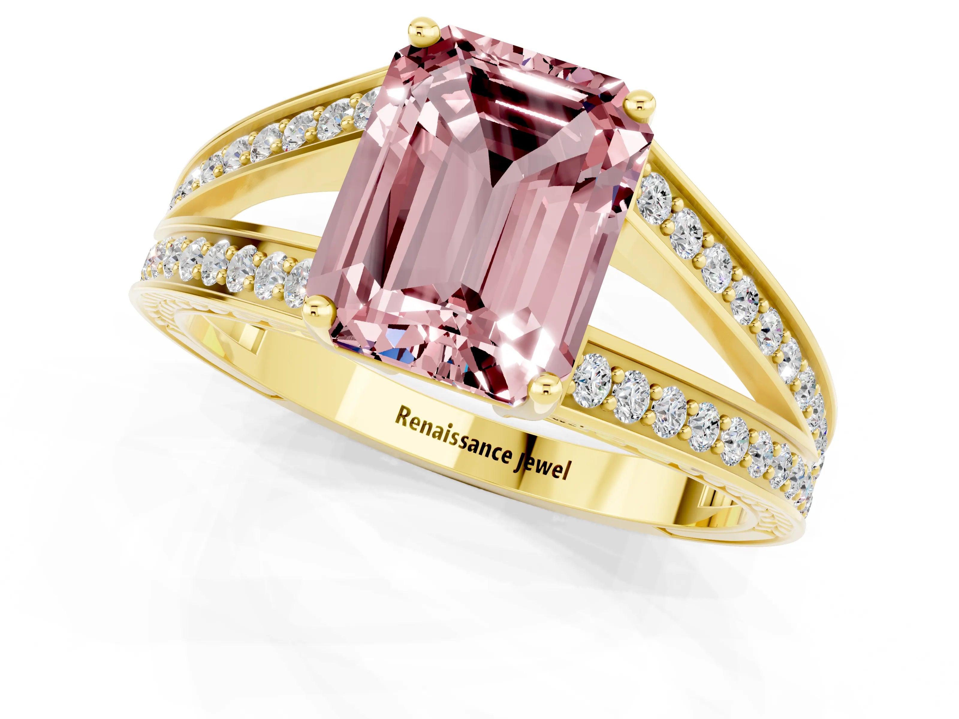 Yellow gold Emerald Cut Morganite Split Shank Ring with Pavé Band and Four-Prong Setting_1